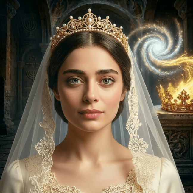 Brunette bride kneeling beside a pedestal with a glowing crown and swirling light in a stone chamber