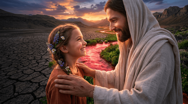 Red glowing river flowing through green plants and cracked dry land under a colorful sunset sky