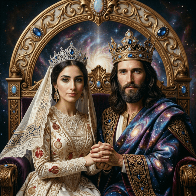 Bride in white wedding dress and king in robe with crown seated on ornate throne surrounded by angels