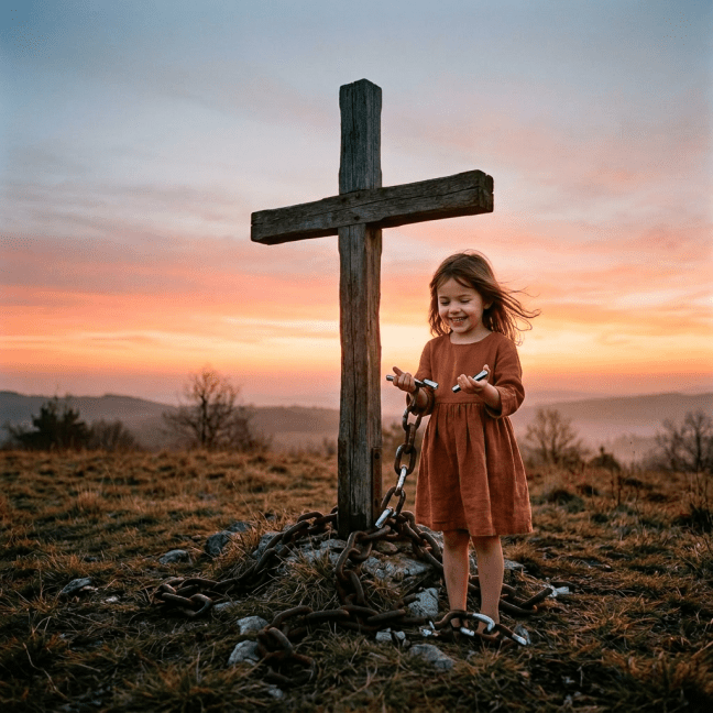 Wooden cross on hillside secured by chains with sunset in background
