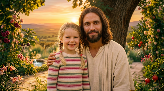 Young girl leaning against a tree trunk with a man standing behind her in a garden