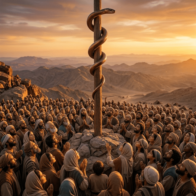 Group of ancient people looking up at a wooden cross wrapped with a serpent in a desert camp