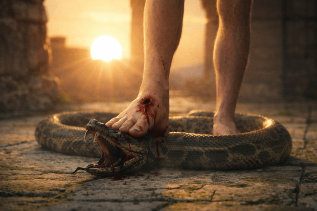 A large snake writhing on the ground with a rusty nail piercing a man's bandaged foot