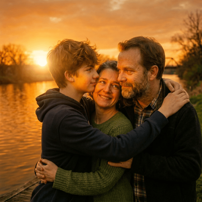 A teenage boy kisses a woman on the forehead while the woman and a man hug each other beside a river at sunset.