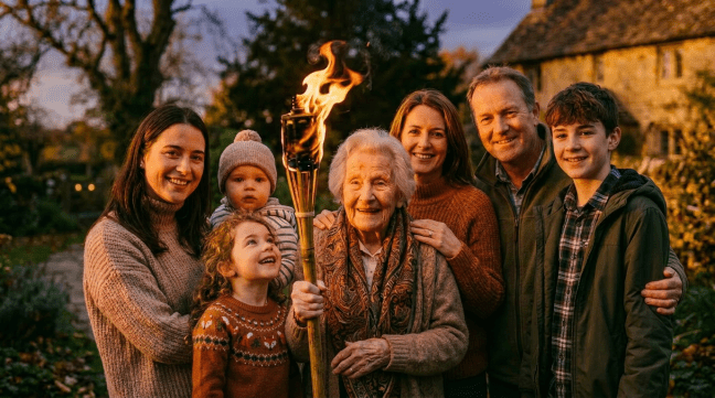 Four generations of women standing together outdoors, eldest holding a burning torch