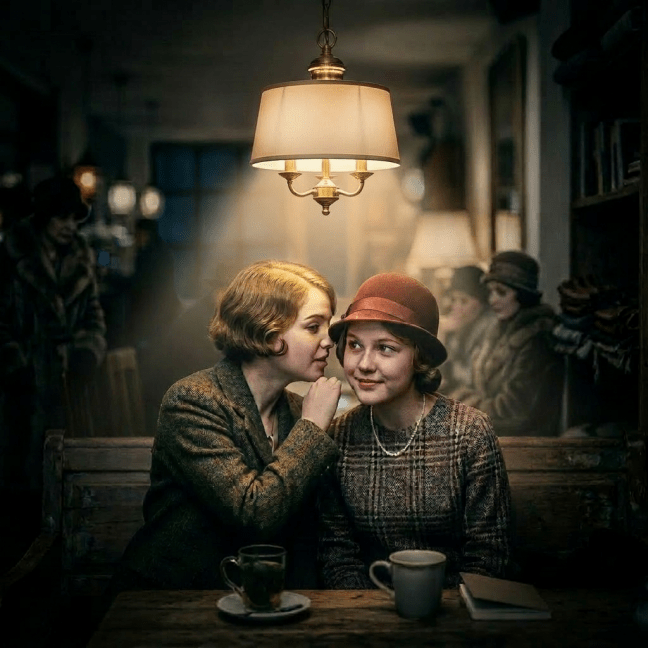 Two women in 1920s attire sitting on a bench in a café, one whispering to the other.