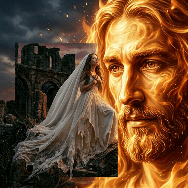 A barefoot bride in a flowing white dress stands among stone ruins illuminated by swirling orange and blue flames.