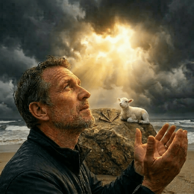Two raised hands reaching toward sunlight breaking through dark clouds above mountainous landscape