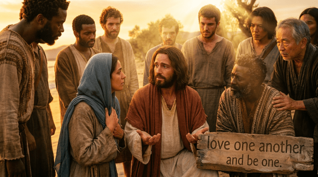 Group of people listening to a man speaking on the beach near a sign with a spiritual message