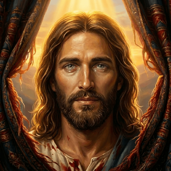Jesus Christ in white robe ascending with arms open surrounded by people looking up under glowing curtains.