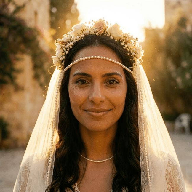 Bride in lace wedding dress holding a bouquet and smiling in sunlit outdoor courtyard