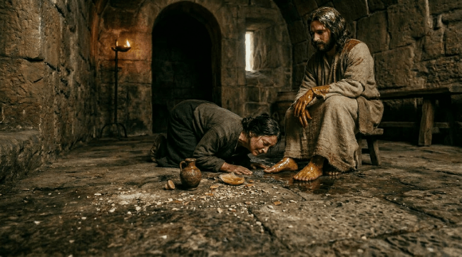 Kneeling person next to broken ceramic pot spilling liquid on stone floor in rustic room