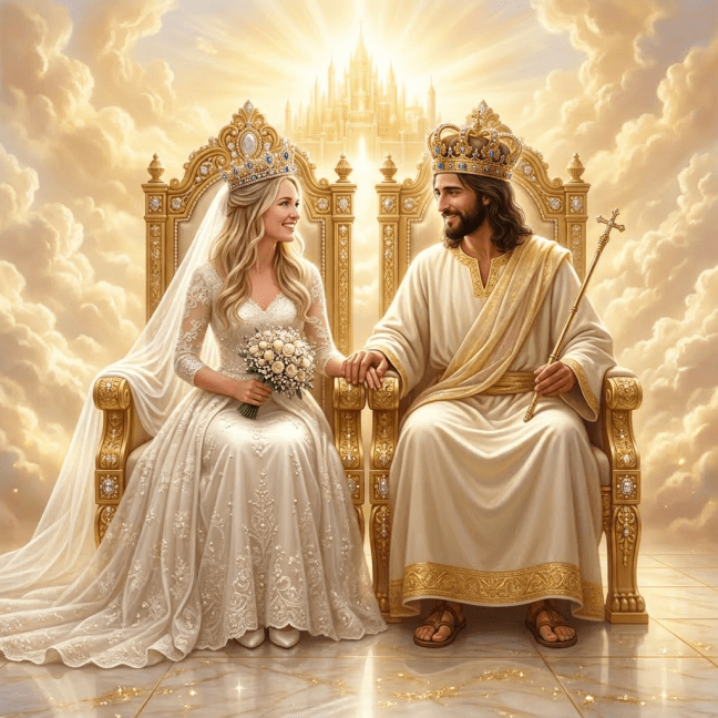 Bride in wedding dress holding bouquet and Jesus in white robe seated on golden thrones surrounded by angels and radiant light