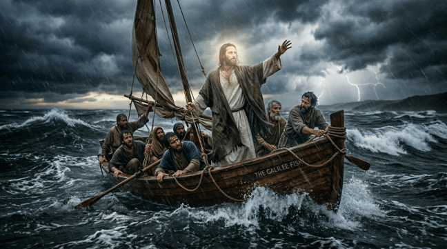 Men on a small wooden boat battling stormy seas and rain with lightning in the distance