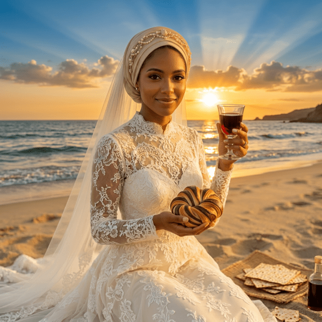 Bride eating matzah during a Jewish wedding ceremony with rabbi and guests