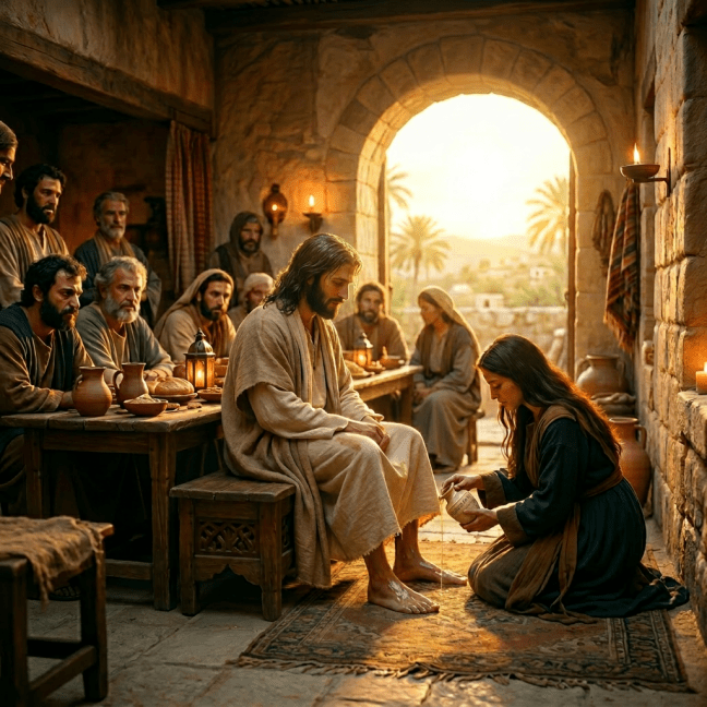 A woman pouring oil on a man's feet as others observe at sunset
