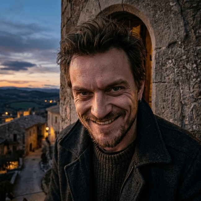Man leaning out of arched stone window in historic tower at sunset