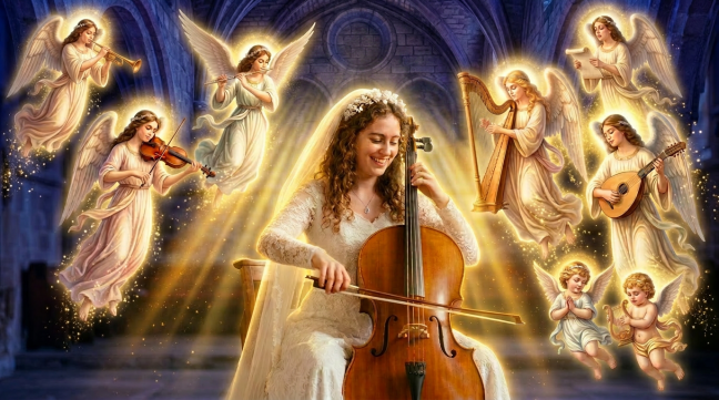 Bride in wedding dress playing cello surrounded by four angels playing violin, flute, harp, and lute in a church