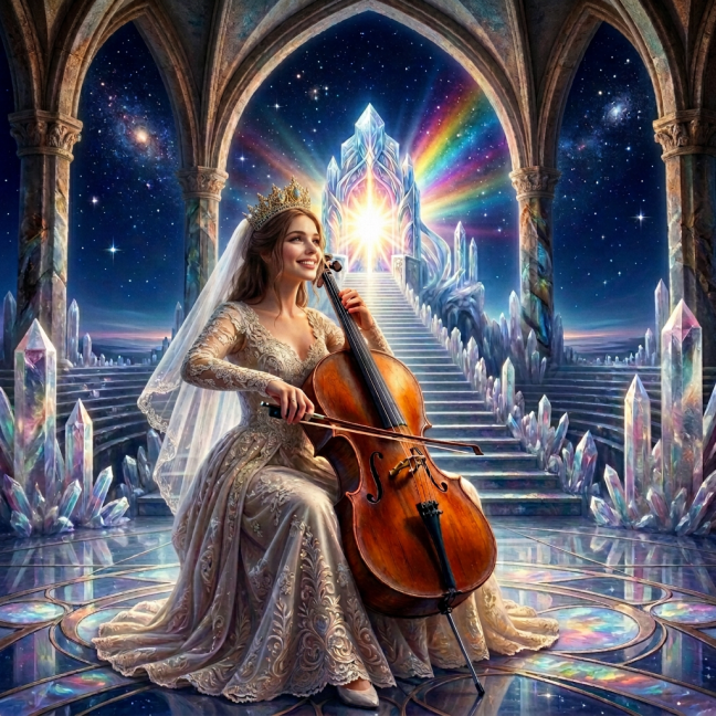 Crowned woman playing cello before a radiant throne surrounded by angels